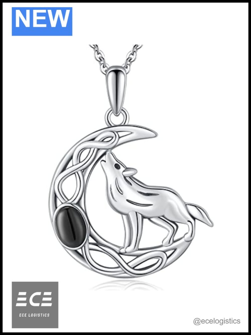 925 Sterling Silver Wolf Pendant Necklace Crescent Moon 18in Chain